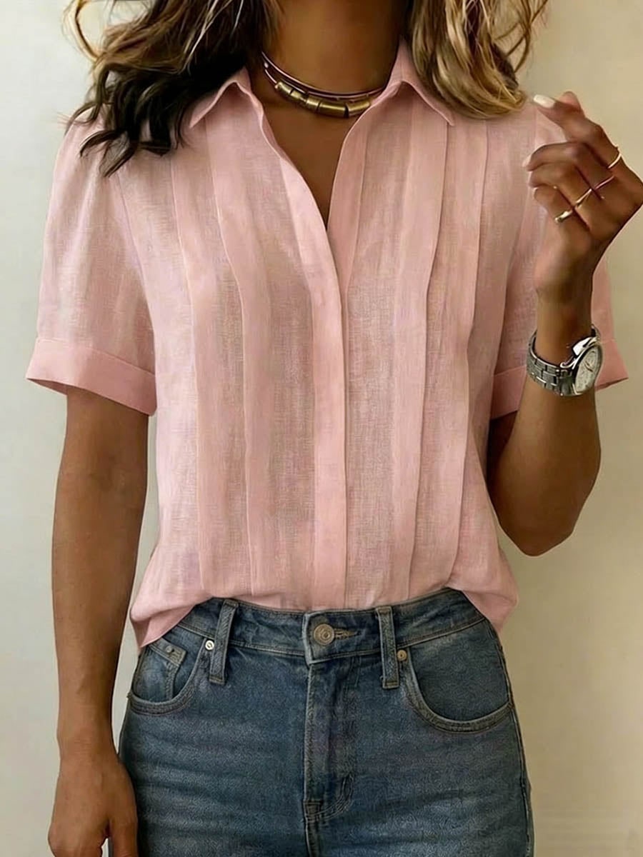Linen Blouse with V Neck, Collar and Short Sleeves 3