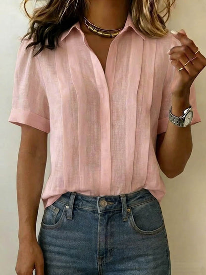 Linen Blouse with V Neck, Collar and Short Sleeves 3
