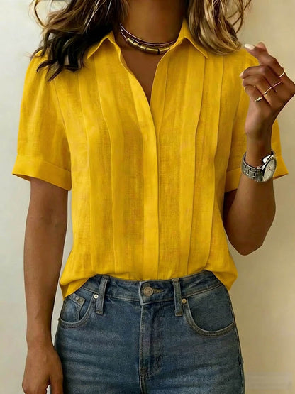 Linen Blouse with V Neck, Collar and Short Sleeves 4