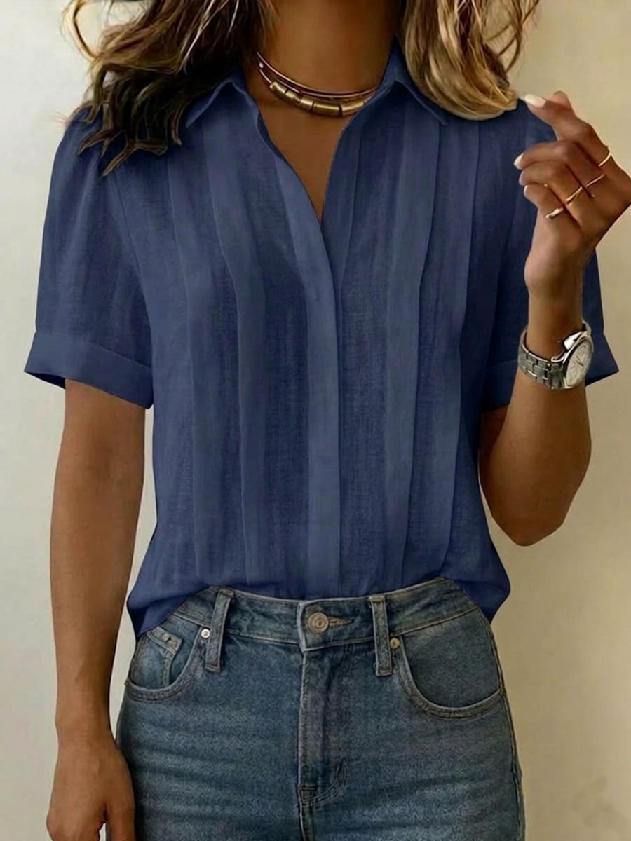 Linen Blouse with V Neck, Collar and Short Sleeves 5
