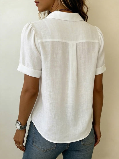 Linen Blouse with V Neck, Collar and Short Sleeves 6