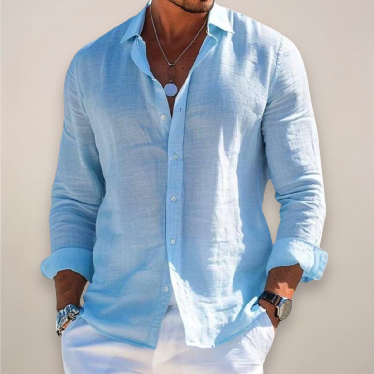 Light blue linen button shirt for men with long sleeves