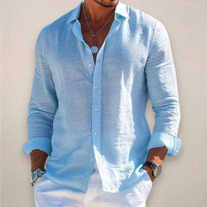 Light blue linen button shirt for men with long sleeves