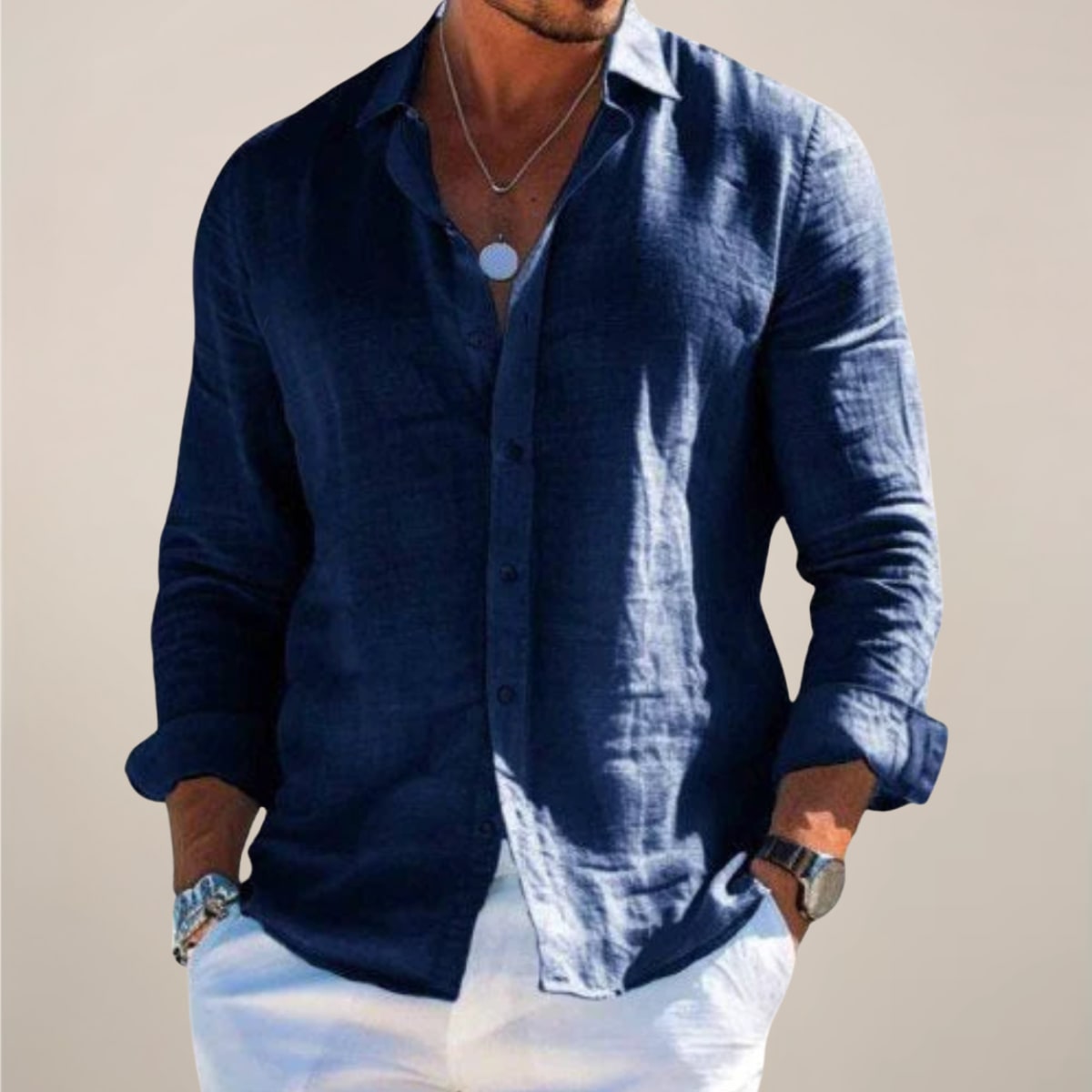 Navy blue linen button shirt for men with long sleeves