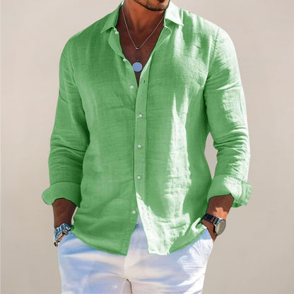 Light green linen button shirt for men with long sleeves
