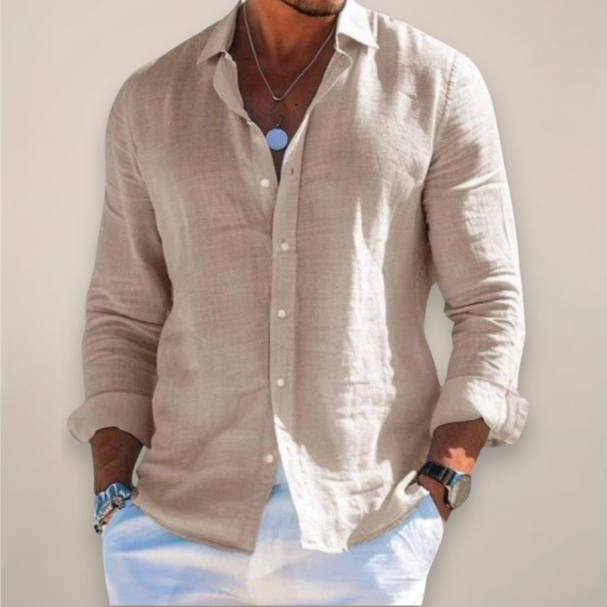 Beige linen button shirt for men with long sleeves