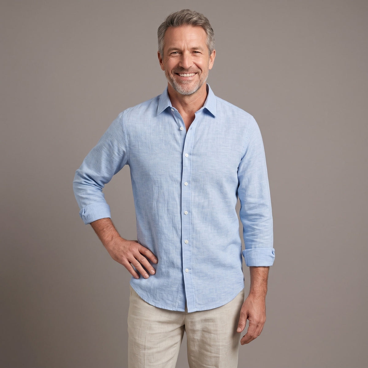 Light blue linen look long sleeve shirt for men with button up front