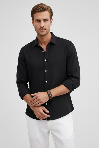 Black linen look long sleeve shirt for men