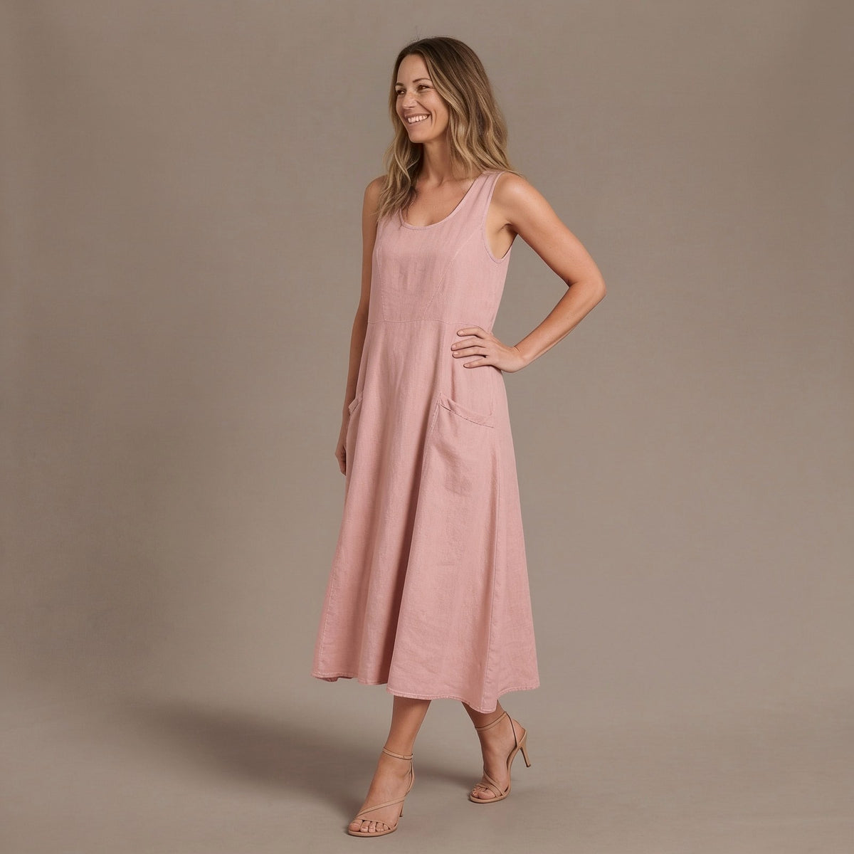 Linen Midi Dress with Scoop Neck, Pockets and Relaxed A-Line Fit