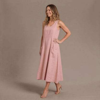 Linen Midi Dress with Scoop Neck, Pockets and Relaxed A-Line Fit