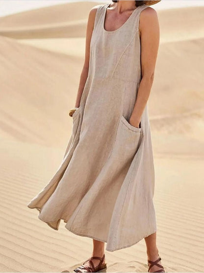 Sand linen midi dress with scoop neck and front pockets