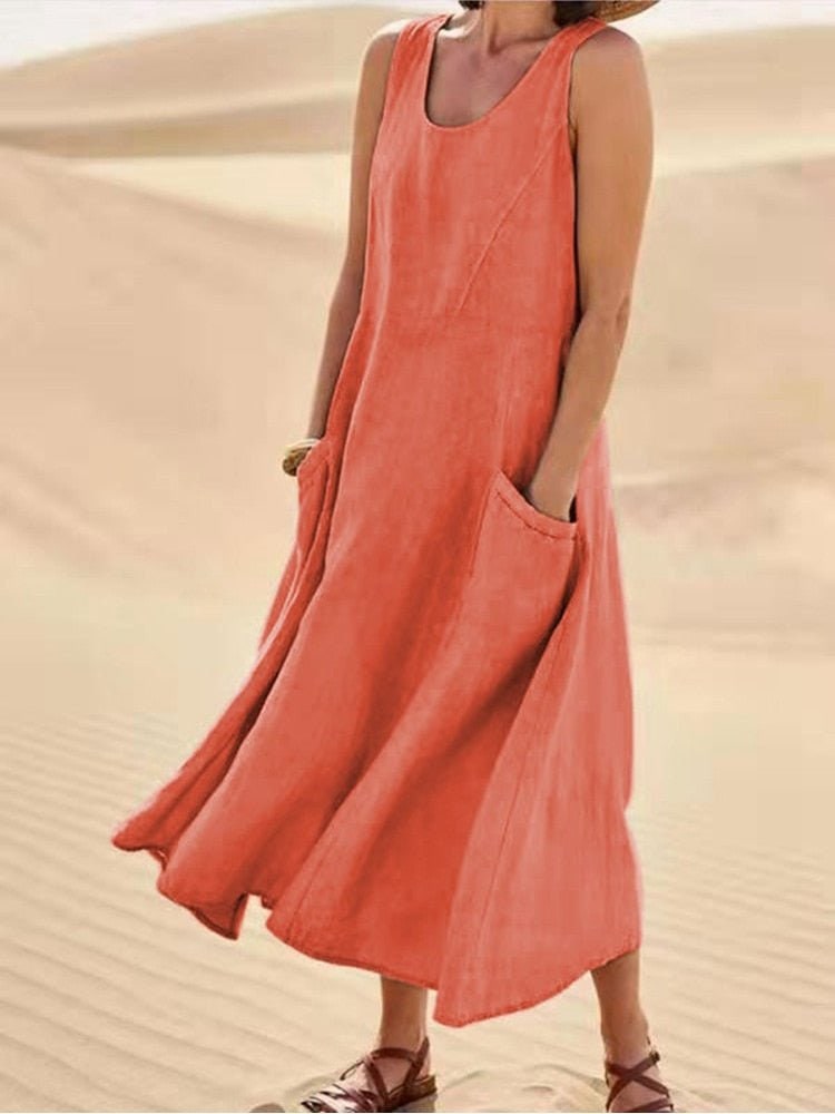 Orange linen midi dress with scoop neck and front pockets
