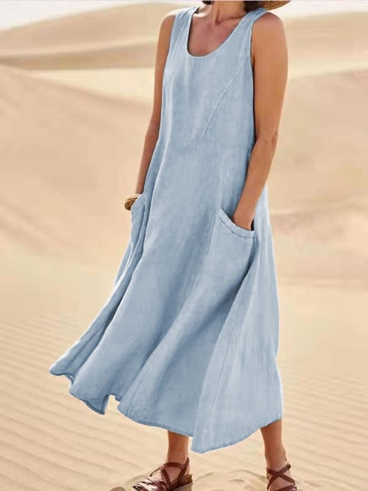 Sky blue linen midi dress with scoop neck and front pockets