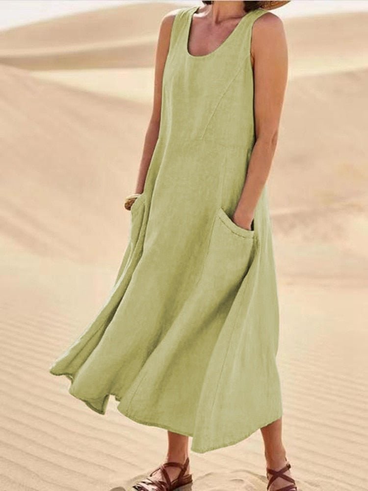 Light green linen midi dress with scoop neck and front pockets