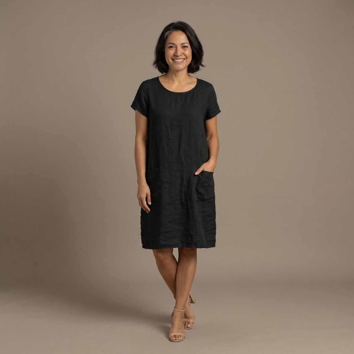 Linen Midi Dress with Short Sleeves and Front Pockets 1