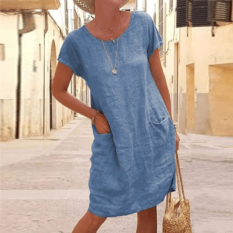 Linen Midi Dress with Short Sleeves and Front Pockets 2