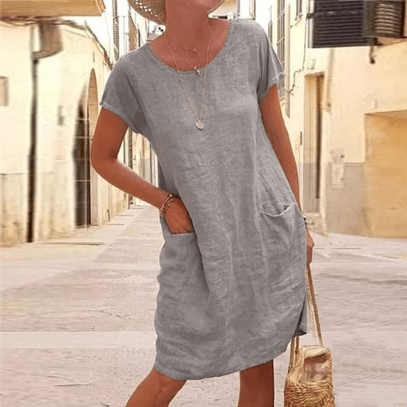 Linen Midi Dress with Short Sleeves and Front Pockets 3