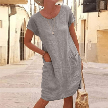 Linen Midi Dress with Short Sleeves and Front Pockets 3