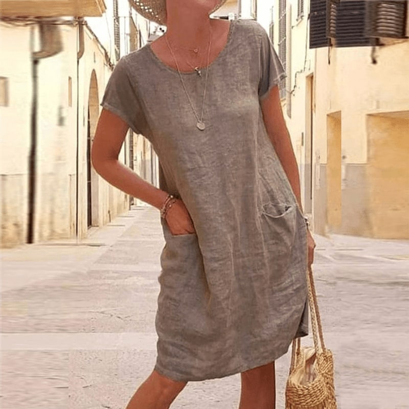 Linen Midi Dress with Short Sleeves and Front Pockets 4