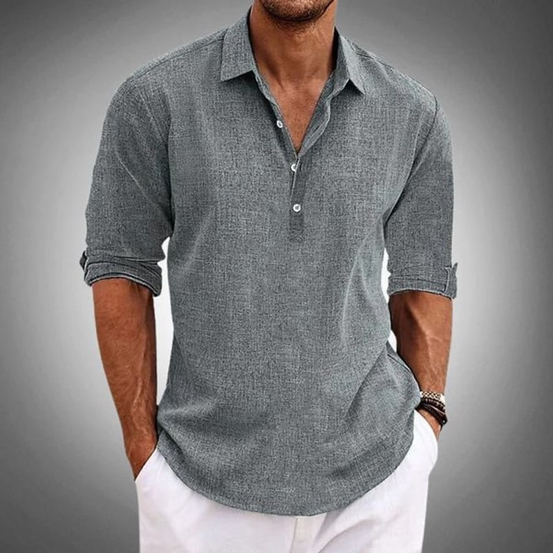 Grey linen polo shirt for men with half button placket