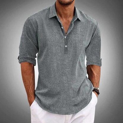 Grey linen polo shirt for men with half button placket