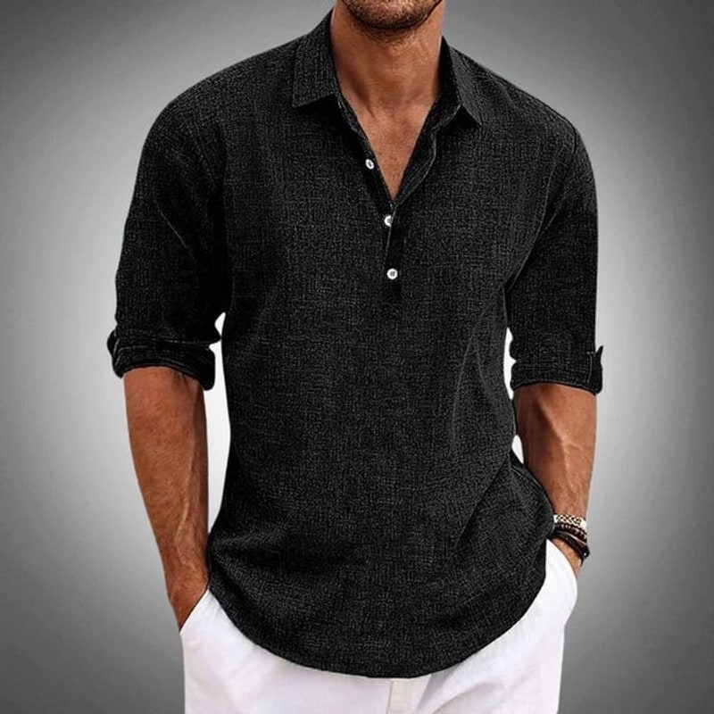 Black linen polo shirt for men with roll up sleeves