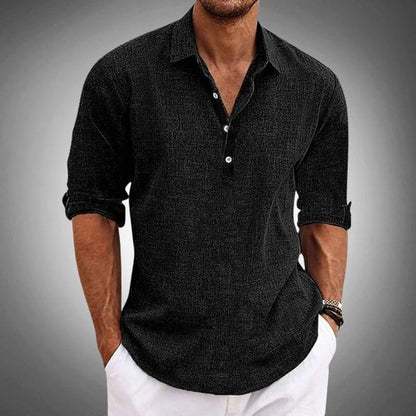 Black linen polo shirt for men with roll up sleeves