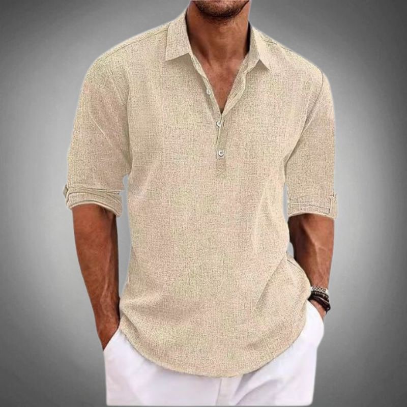 Beige linen polo shirt for men with collar