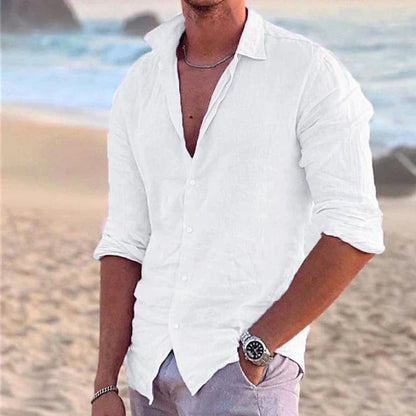 White cotton linen shirt for men with long sleeves