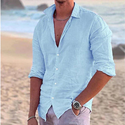Light blue cotton linen shirt for men with long sleeves