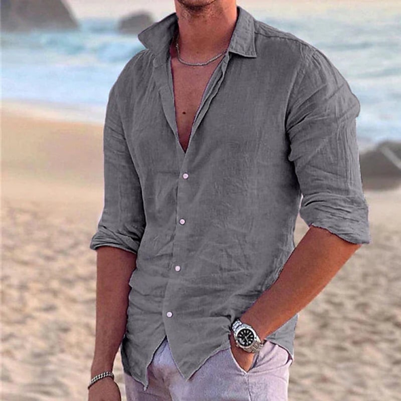 Grey cotton linen shirt for men with long sleeves