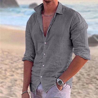 Grey cotton linen shirt for men with long sleeves