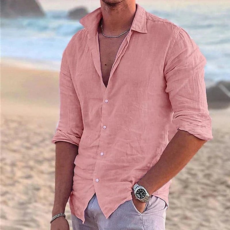 Pink cotton linen shirt for men with rolled sleeves