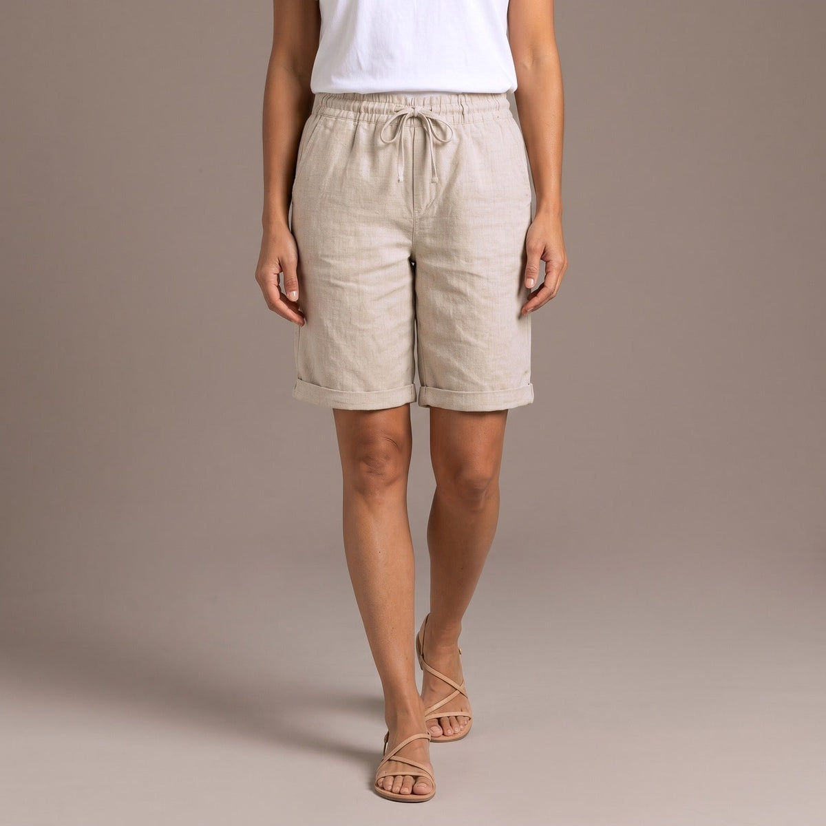 Beige linen shorts for women with knee length cut and drawstring waist