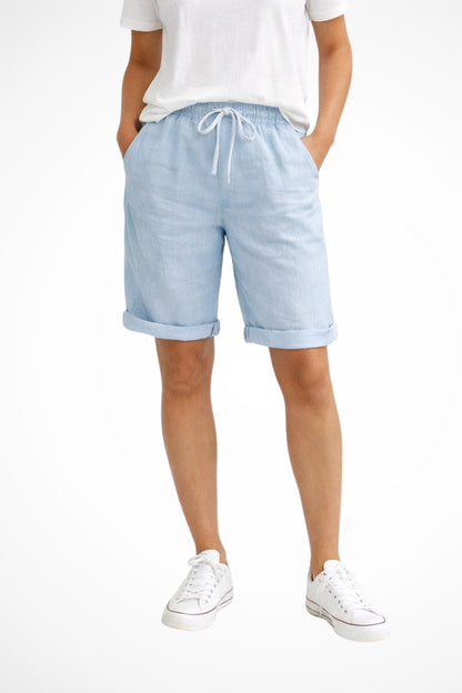 Light blue linen shorts for women with drawstring waist