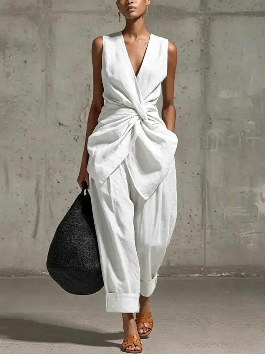 Linen Two Piece Set with Twist Top and Wide Leg Trousers 2