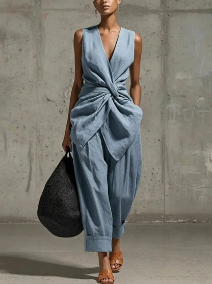 Linen Two Piece Set with Twist Top and Wide Leg Trousers 3