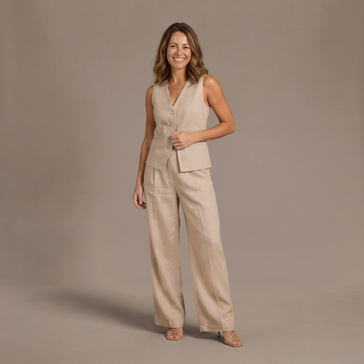 Linen Vest and Wide Leg Trousers Two Piece Set