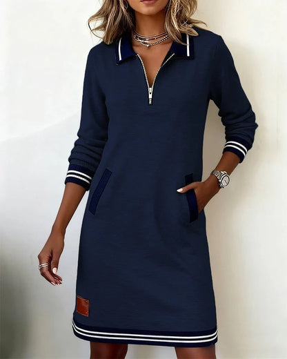 Long Sleeve Collar Dress, Half Zip Dress with Pockets 2