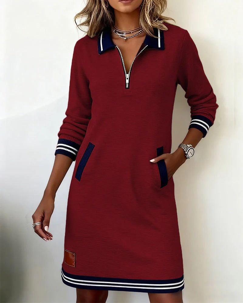 Long Sleeve Collar Dress, Half Zip Dress with Pockets 7