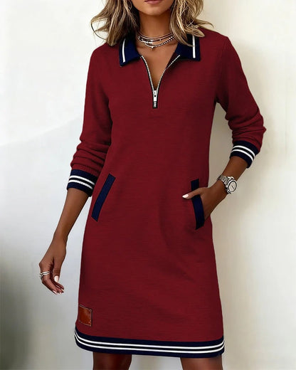 Long Sleeve Collar Dress, Half Zip Dress with Pockets 7