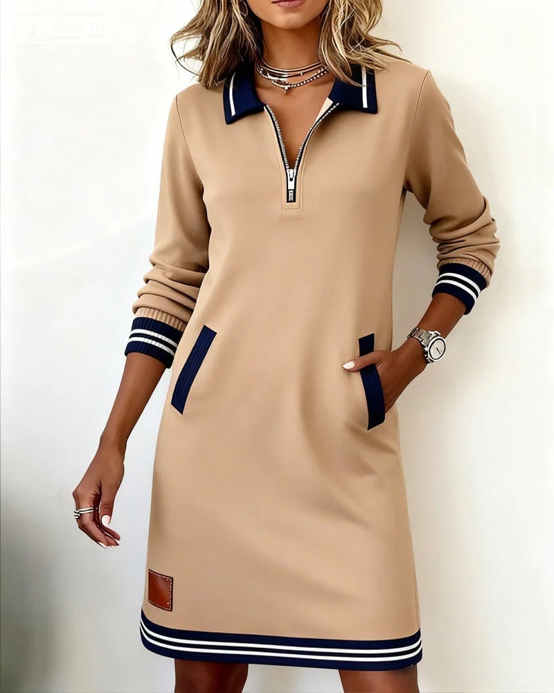 Long Sleeve Collar Dress, Half Zip Dress with Pockets 10