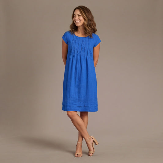 Loose Summer Dress with Pintuck Bodice and Short Sleeves