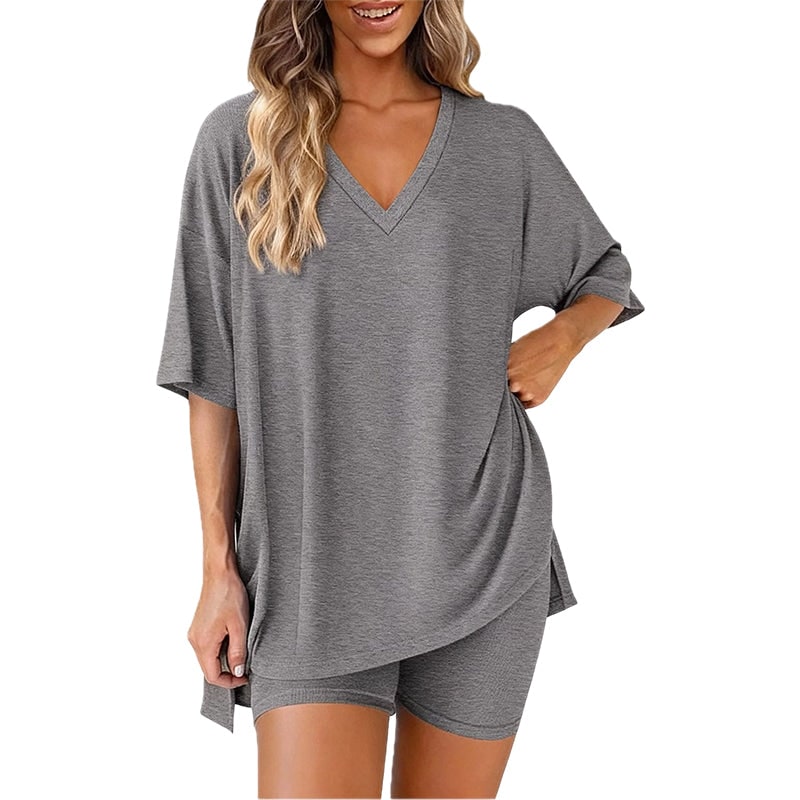 Women's oversized V neck top and biker shorts lounge set in grey