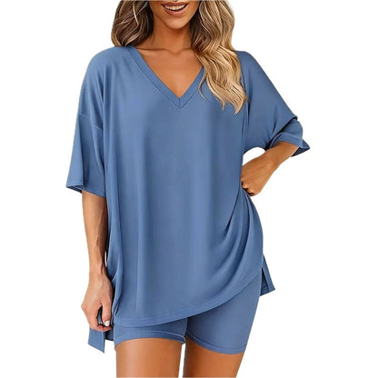 Women's oversized V neck top and biker shorts lounge set in denim blue
