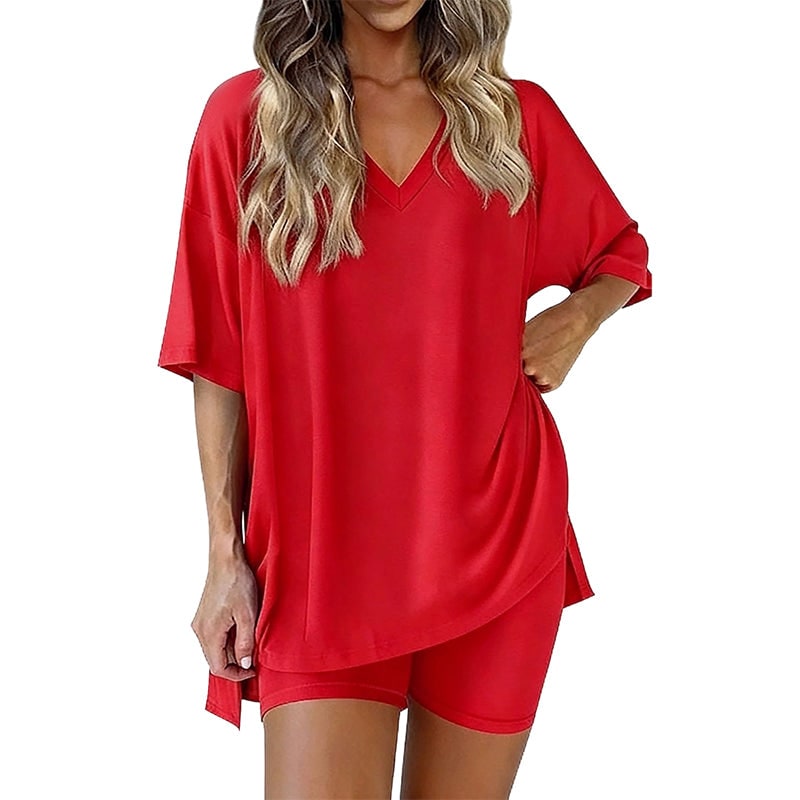Women's oversized V neck top and biker shorts lounge set in red