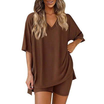 Women's oversized V neck top and biker shorts lounge set in chocolate brown