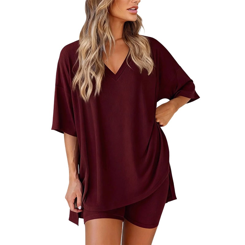 Women's oversized V neck top and biker shorts lounge set in burgundy
