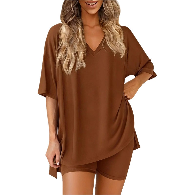 Women's oversized V neck top and biker shorts lounge set in rust