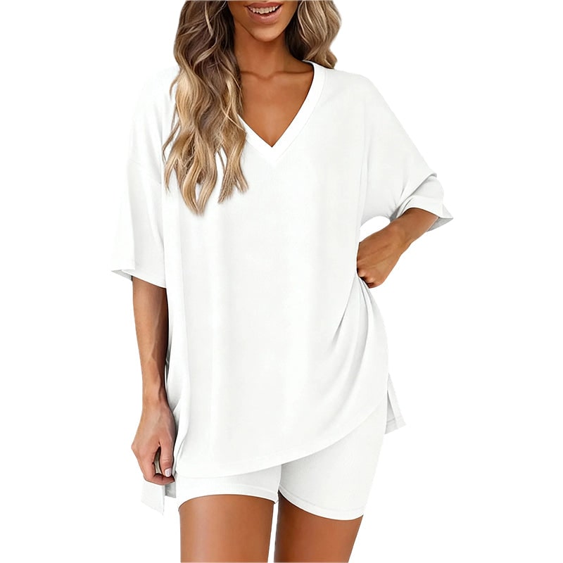 Women's oversized V neck top and biker shorts lounge set in white